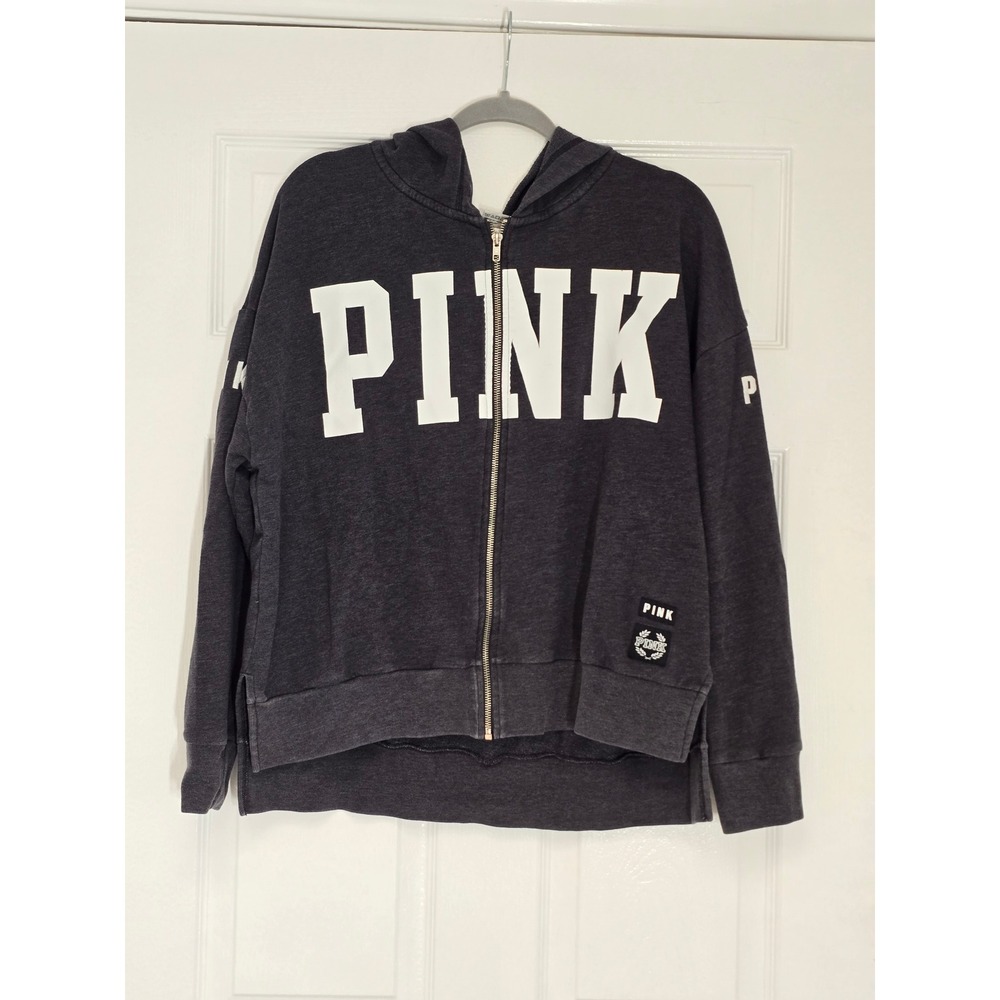 Victoria's Secret PINK Full Zip Hoodie Charcoal Gray Logo Sweatshirt Large